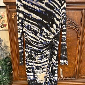 DKNY Black and Blue Patterned Long Sleeve Dress